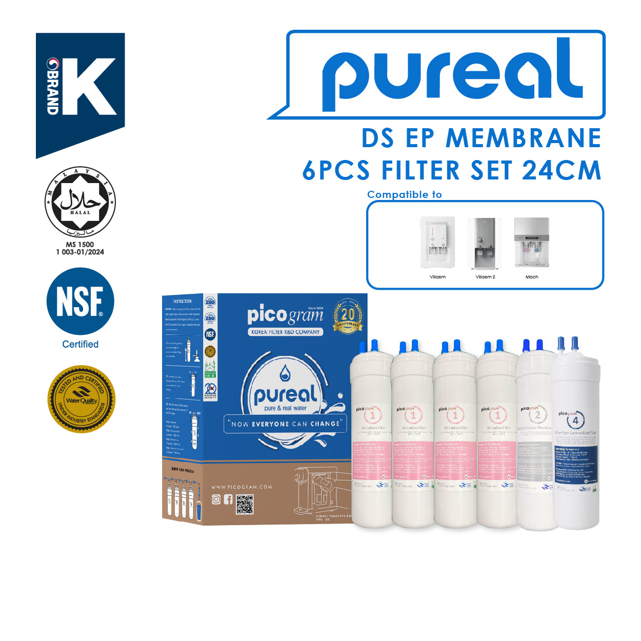 (JAKIM HALAL) Pureal Picogram 24cm DS NANO EP Water Filter Cartridge 6pcs compatible to Midea
