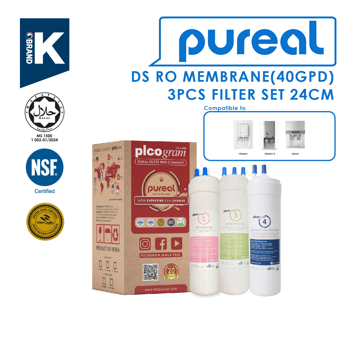 (JAKIM HALAL) Pureal Picogram 24cm DS RO(40GPD) Water Filter Cartridges 3pcs Set
