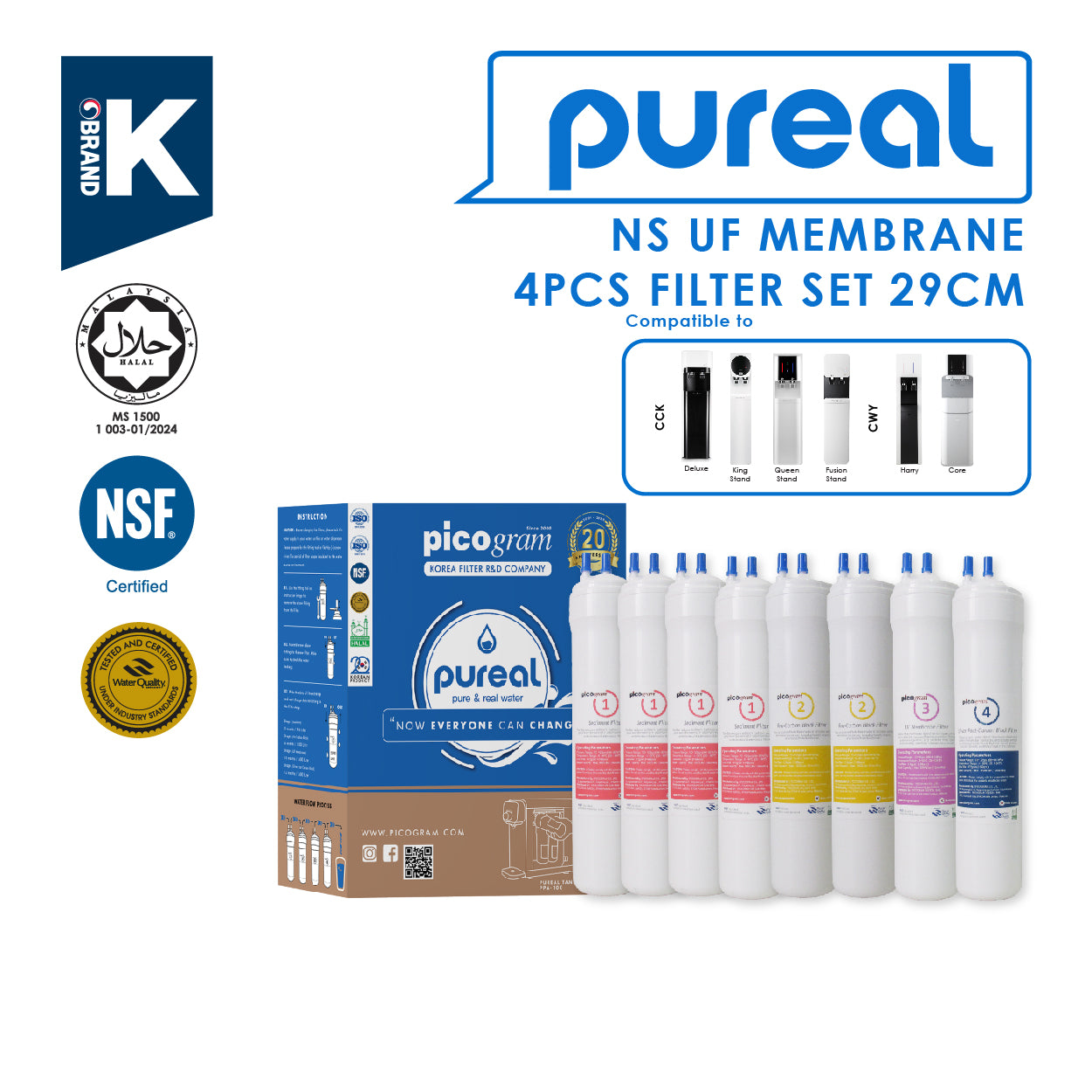 (JAKIM HALAL) Pureal Picogram 29cm NS UF Water Filter Cartridges 8pcs compatible to Cuckoo floor stand