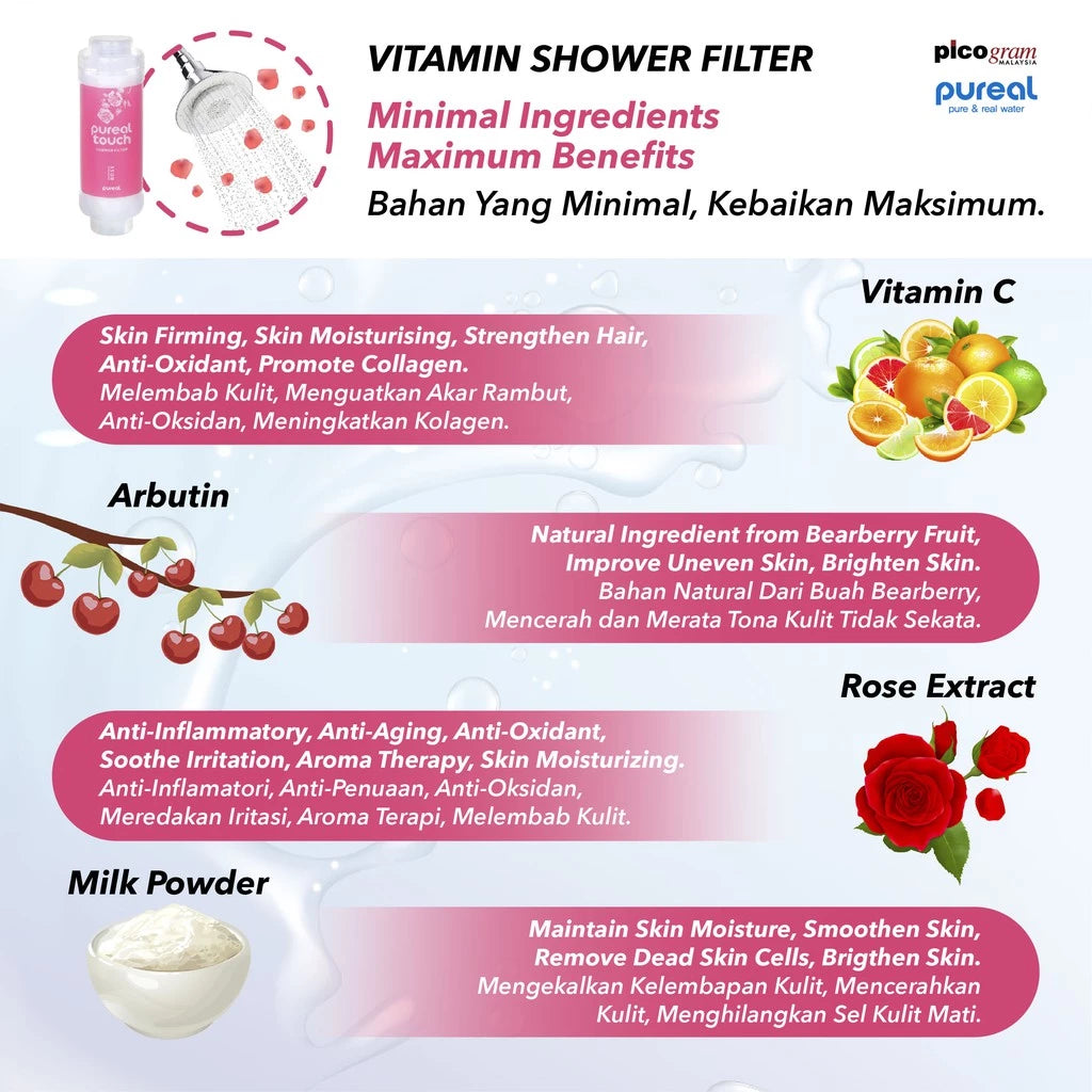 Pureal Vitamin Shower Filter Remove Chlorine/ Help with Skin Problem/ Moisture Skin