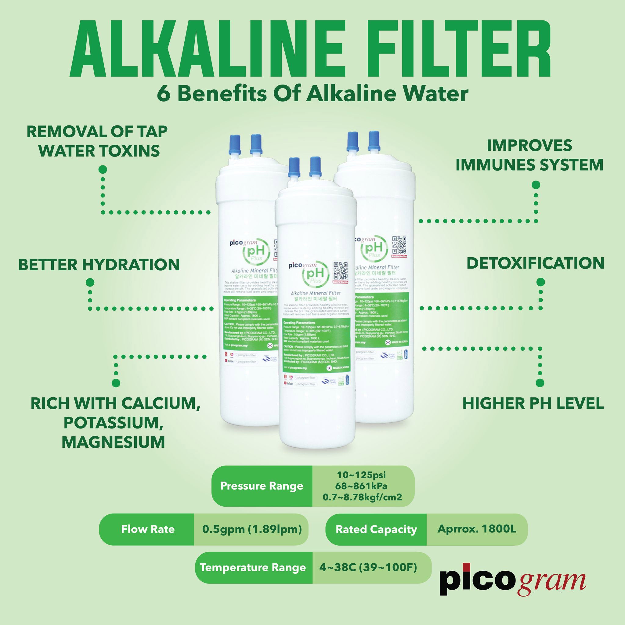 FREE FITTING) 10" INCH/24CM EP+Alkaline SET, PICOGRAM REPLACEMENT WATER FILTER