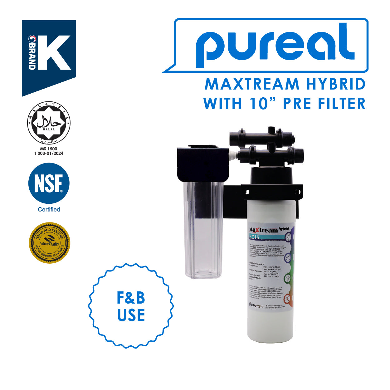 (JAKIM HALAL) Pureal Maxtream Hybrid Commercial Water Purifier Filter Set with 10" Pre-Filter