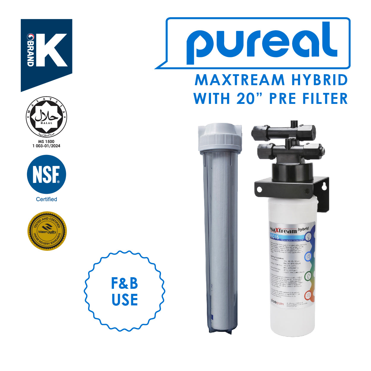 (JAKIM HALAL) Pureal Maxtream Hybrid Commercial Water Purifier Filter Set with 20" Pre-Filter