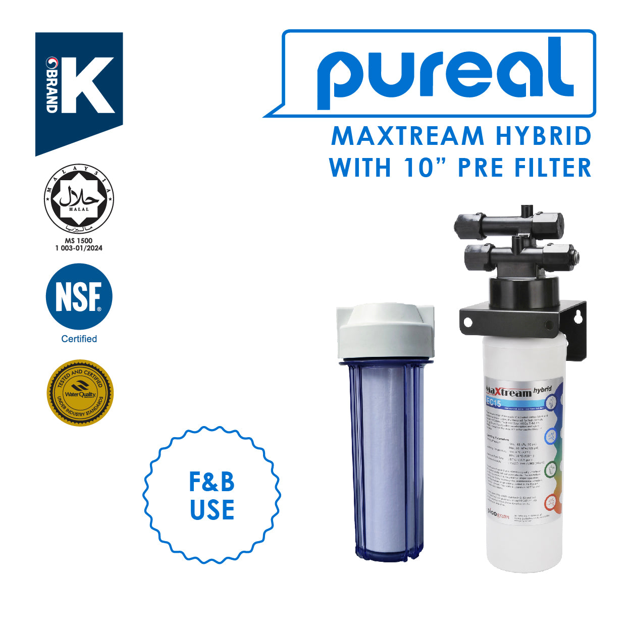 (JAKIM HALAL) Pureal Maxtream Hybrid Commercial Water Purifier Filter Set with 10" Pre-Filter