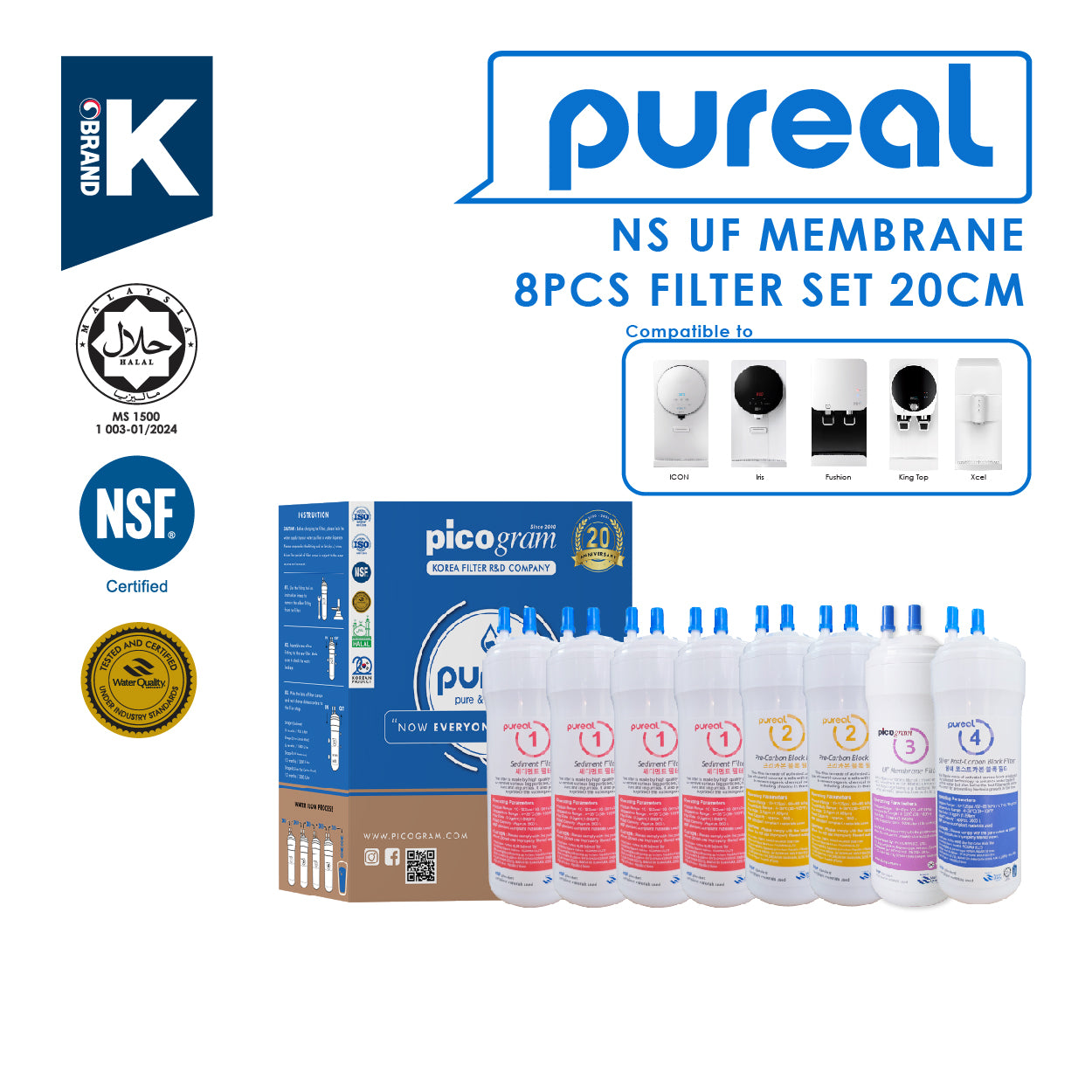 (JAKIM HALAL) Pureal Picogram 20cm NS UF/NANO EP Water Filter Cartridges 8pcs compatible to coway/cuckoo