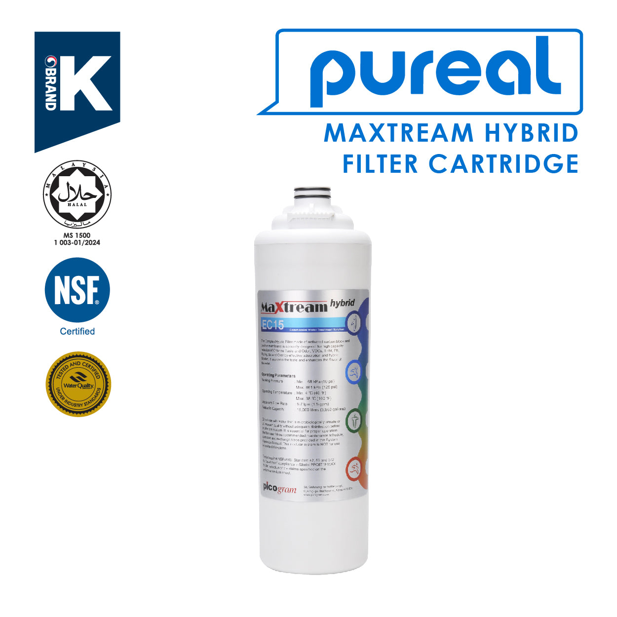 (JAKIM HALAL) Pureal Maxtream Hybrid Water Purifier Replacement Filter, Capacity 56,000+ Litre