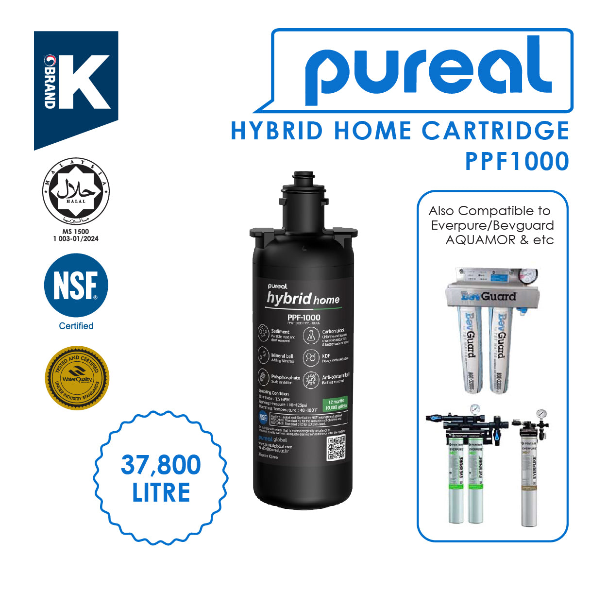 (JAKIM HALAL) Pureal Hybrid Home Carbon Block Cartridge PPF-1000 Compatible Everpure / Bevguard / AQUAMOR / Paragon