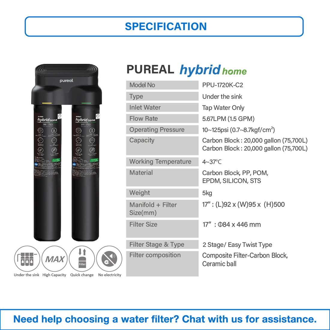 Pureal Hybrid Home Under Sink Water Filter PPU1720K-C2 suitable for Food & Beverage Usage