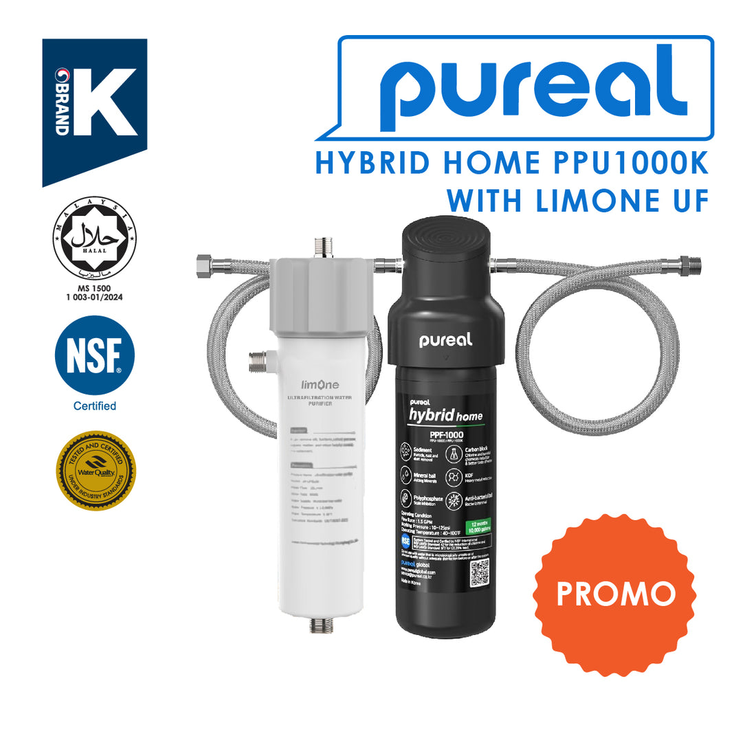 (JAKIM HALAL) Pureal Hybrid Home PPU1000K+Limone UF UnderSink Water Filter System NSF/ANSI 42 & 372