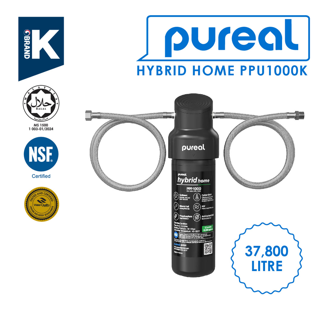 (JAKIM HALAL) Pureal Hybrid Home PPU1000K UnderSink Water Filter NSF 42 & 372 Food Preparation, Boiler, Coffee (38000L)