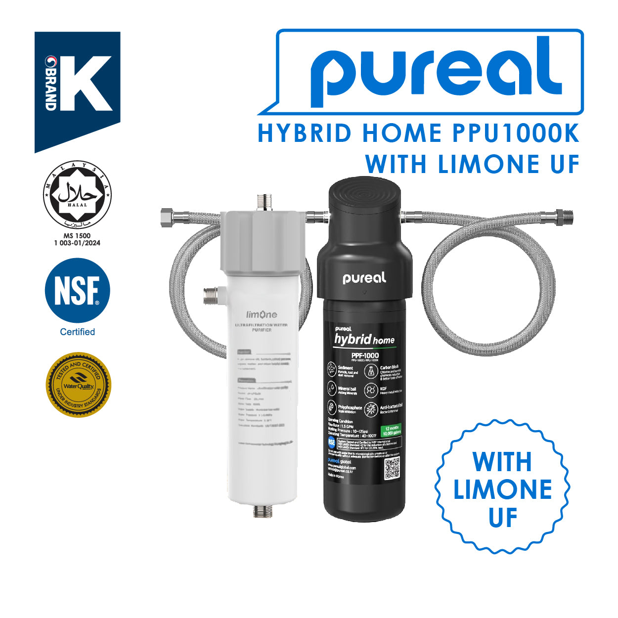 (JAKIM HALAL) Pureal Hybrid Home PPU1000K+Limone UF UnderSink Water Filter System NSF/ANSI 42 & 372