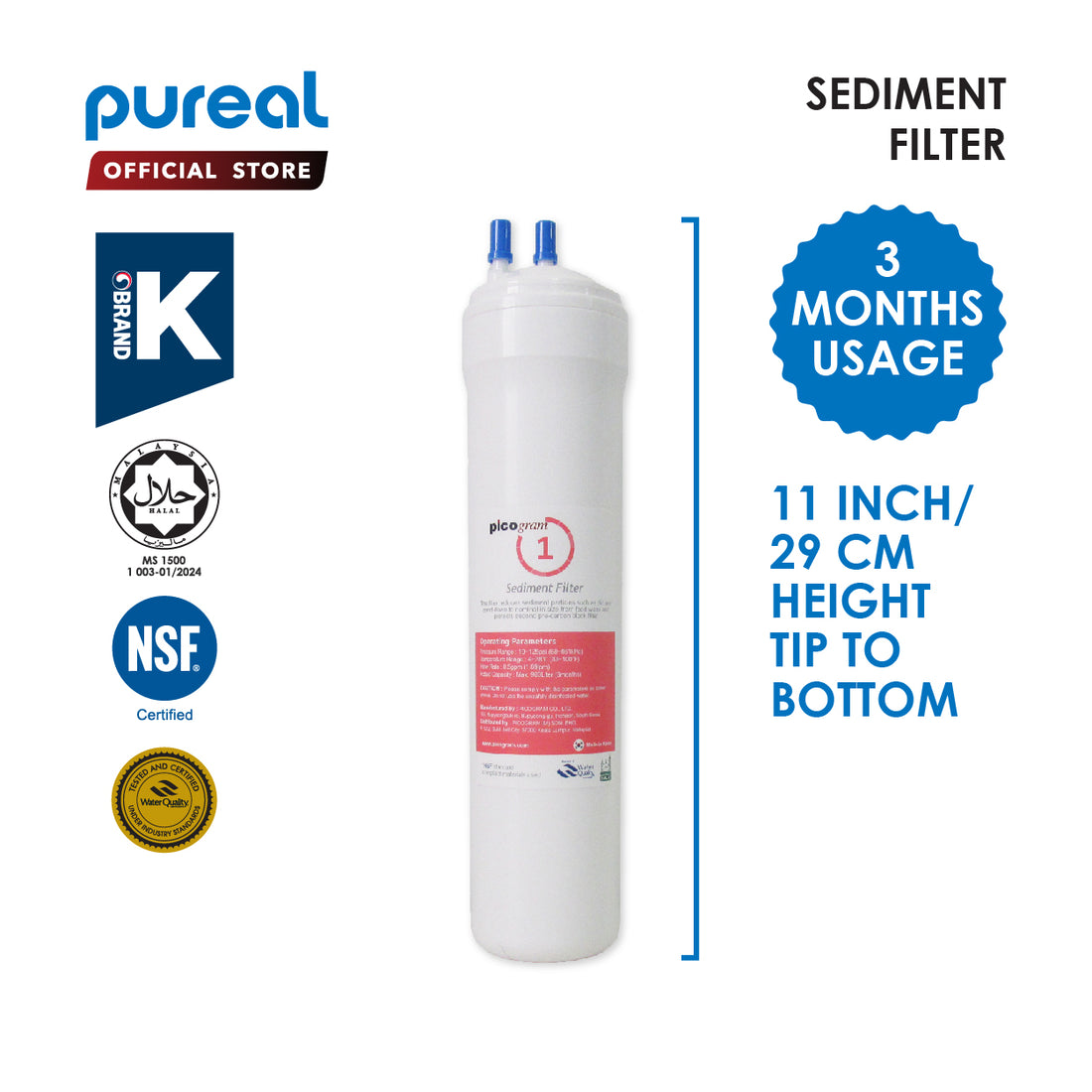 (JAKIM HALAL) Pureal Picogram 29cm Natural Sediment Water Filter Cartridge 3pc Set