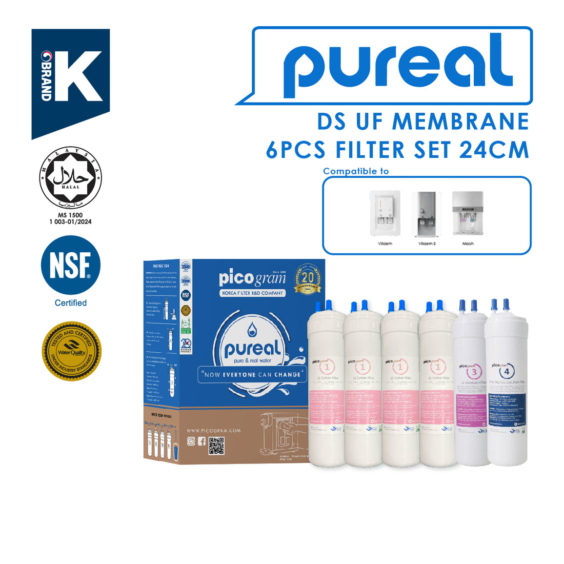 (JAKIM HALAL) Pureal Picogram 24cm DS UF Water Filter Cartridge 6pcs compatible to Midea