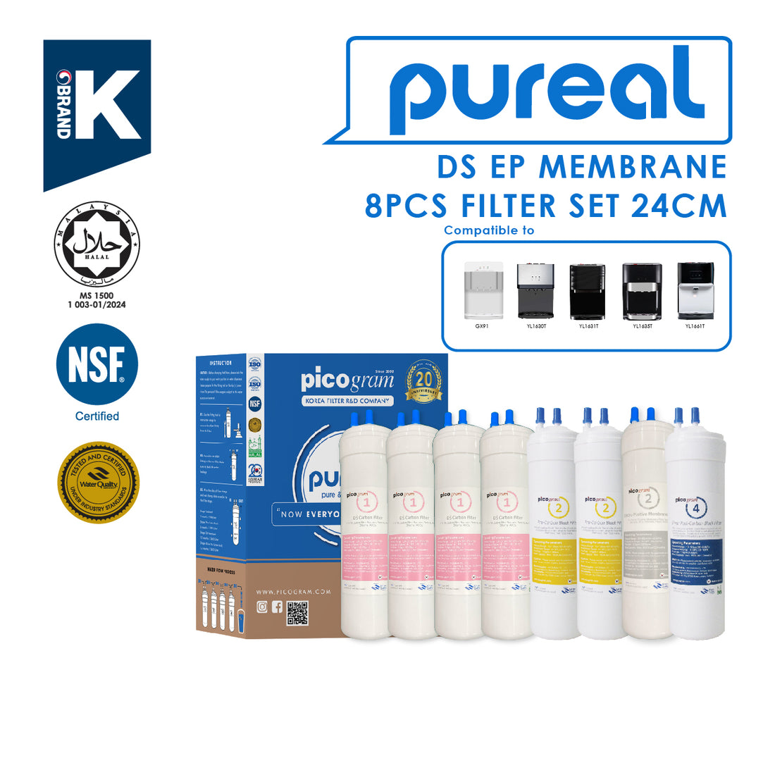 (JAKIM HALAL) Pureal Picogram 24cm DS NANO EP Water Filter Cartridge 8pcs compatible to Midea