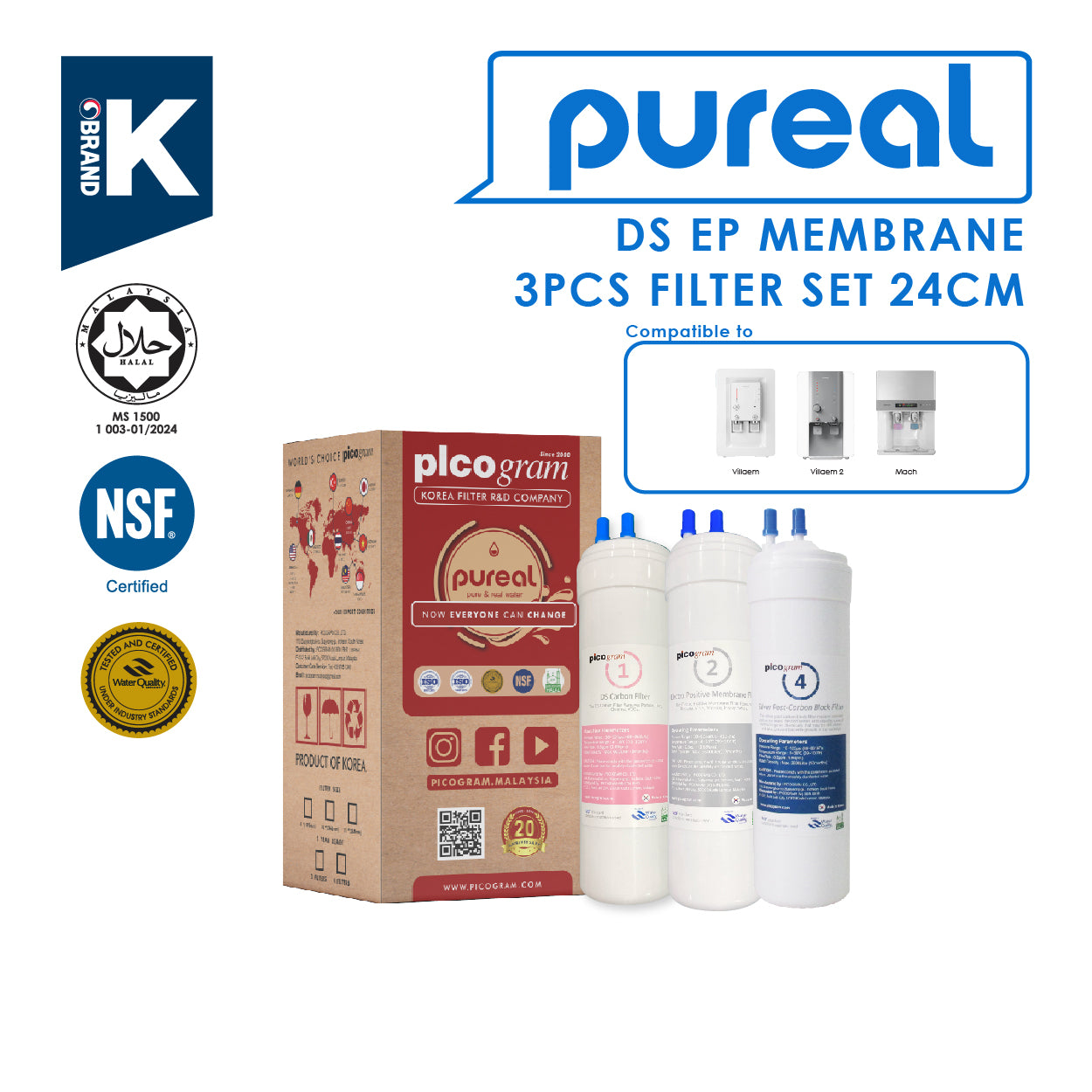 (JAKIM HALAL) Pureal Picogram 24cm DS UF/NANO EP Water Filter Cartridges 3pc compatible to coway/midea