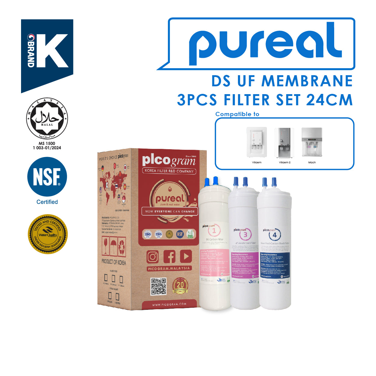 (JAKIM HALAL) Pureal Picogram 24cm DS UF/NANO EP Water Filter Cartridges 3pc compatible to coway/midea