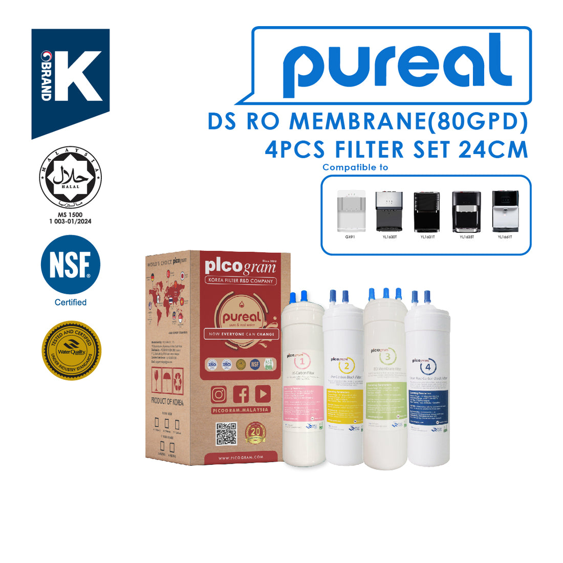 (JAKIM HALAL) Pureal Picogram 24cm DS RO(80GPD) Water Filter Cartridges 4pcs Set