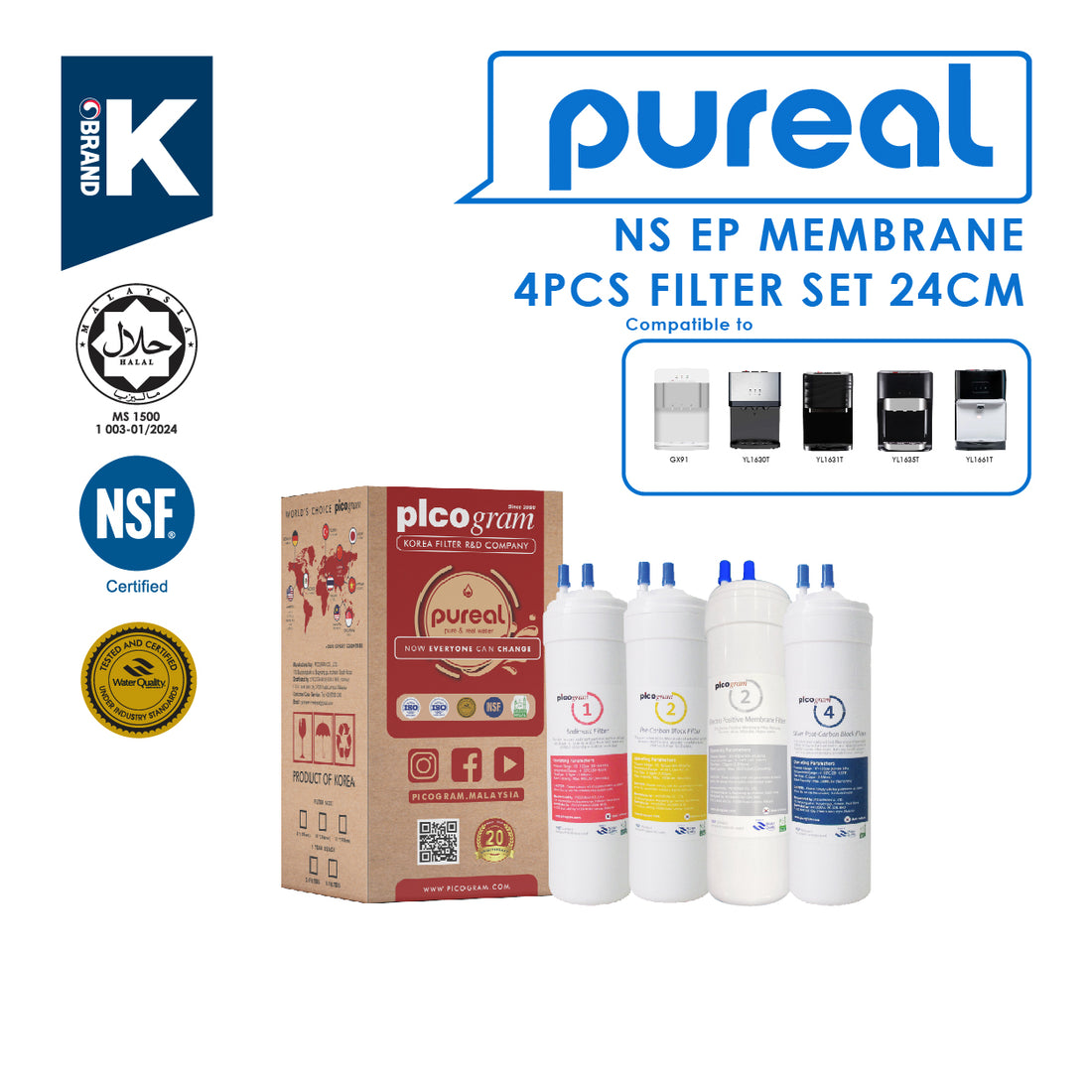(JAKIM HALAL) Pureal Picogram 24cm NS NANO EP Water Filter Cartridges 4pcs compatible to Midea