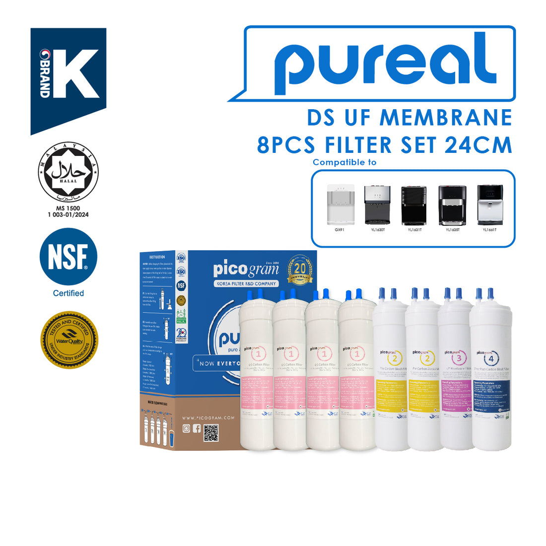 (JAKIM HALAL) Pureal Picogram 24cm DS UF Water Filter Cartridge 8pcs compatible to Midea