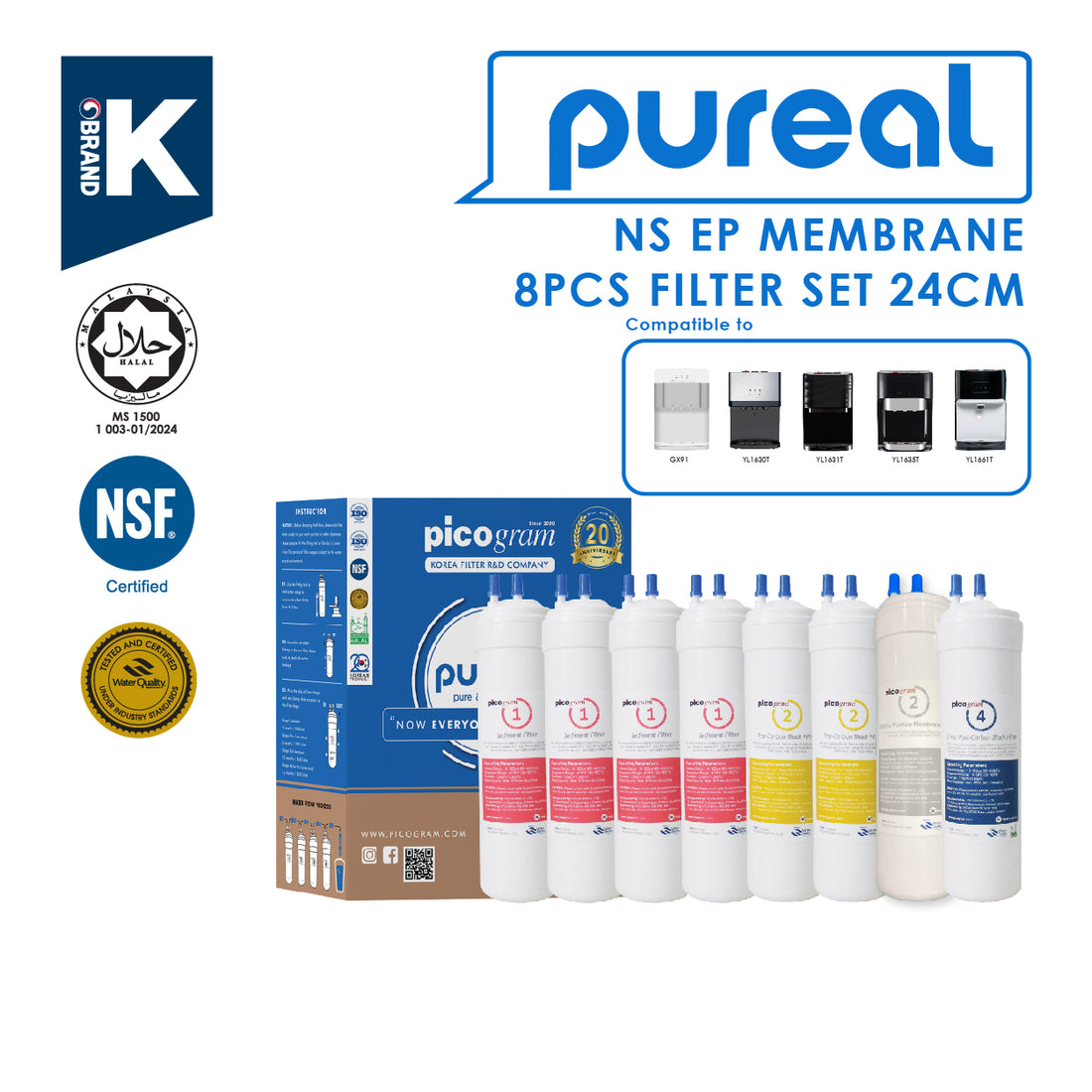(JAKIM HALAL) Pureal Picogram 20cm NS NANO EP Water Filter Cartridges 8pcs compatible to coway/cuckoo