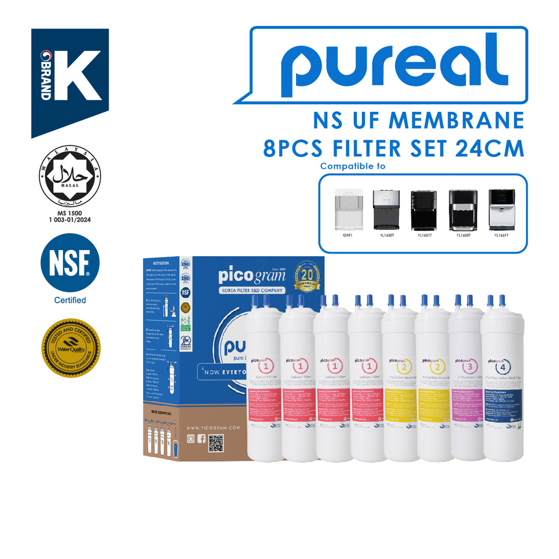 (JAKIM HALAL) Pureal Picogram 20cm NS UF/NANO EP Water Filter Cartridges 8pcs compatible to coway/cuckoo