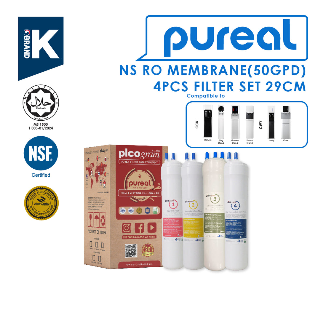 (JAKIM HALAL) Pureal Picogram 29cm NS RO(50GPD) Water Filter Cartridges 4pcs Set