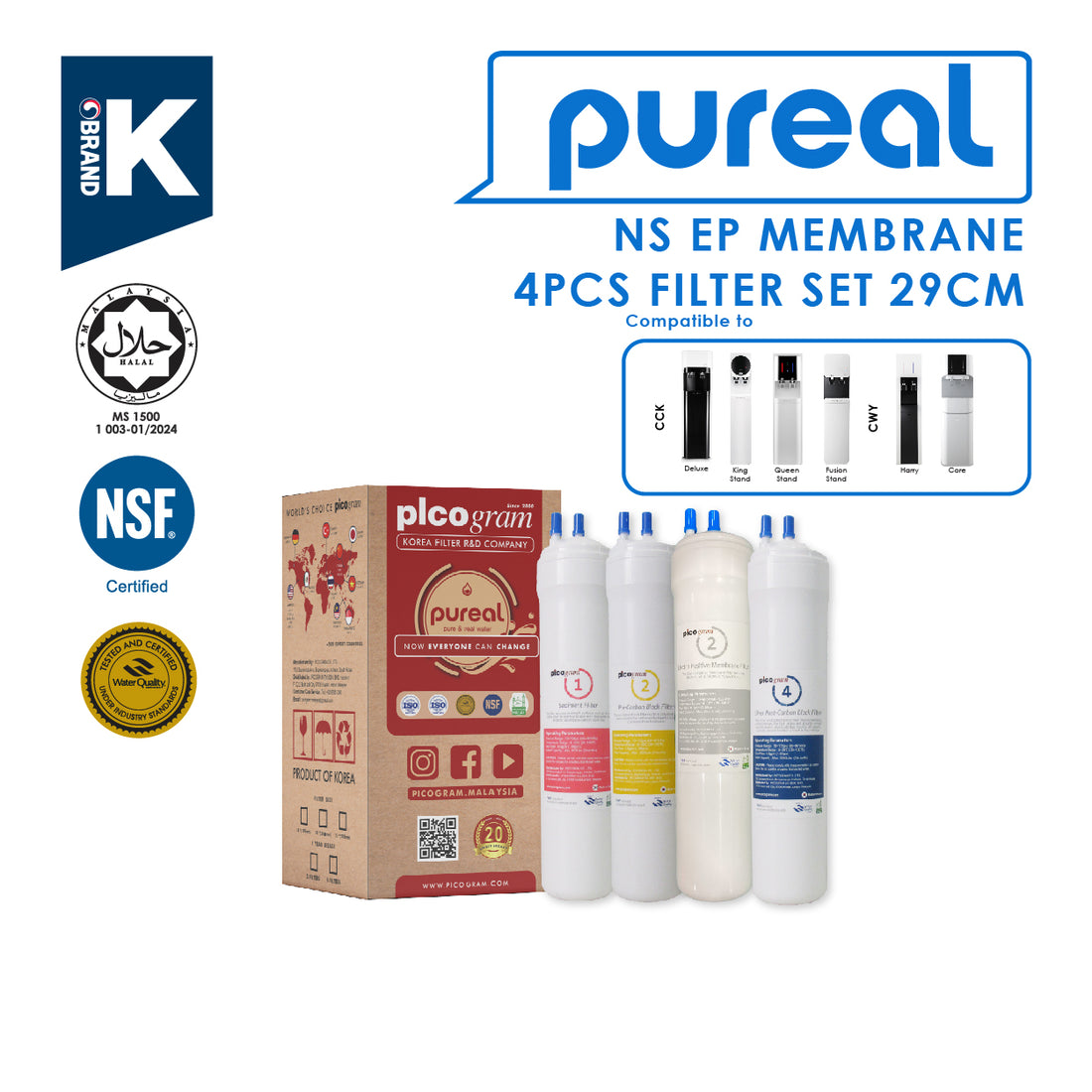 (JAKIM HALAL) Pureal Picogram 29cm NS EP Water Filter Cartridges 4pcs compatible to Cuckoo floor stand