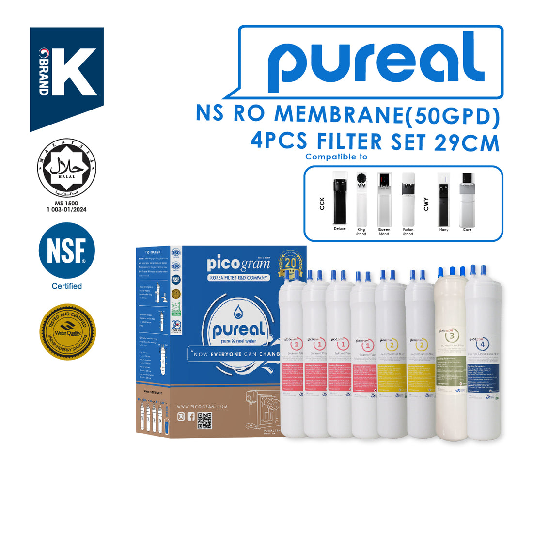 (JAKIM HALAL) Pureal Picogram 29cm NS RO(50GPD) Water Filter Cartridges 8pcs compatible to Cuckoo floor stand