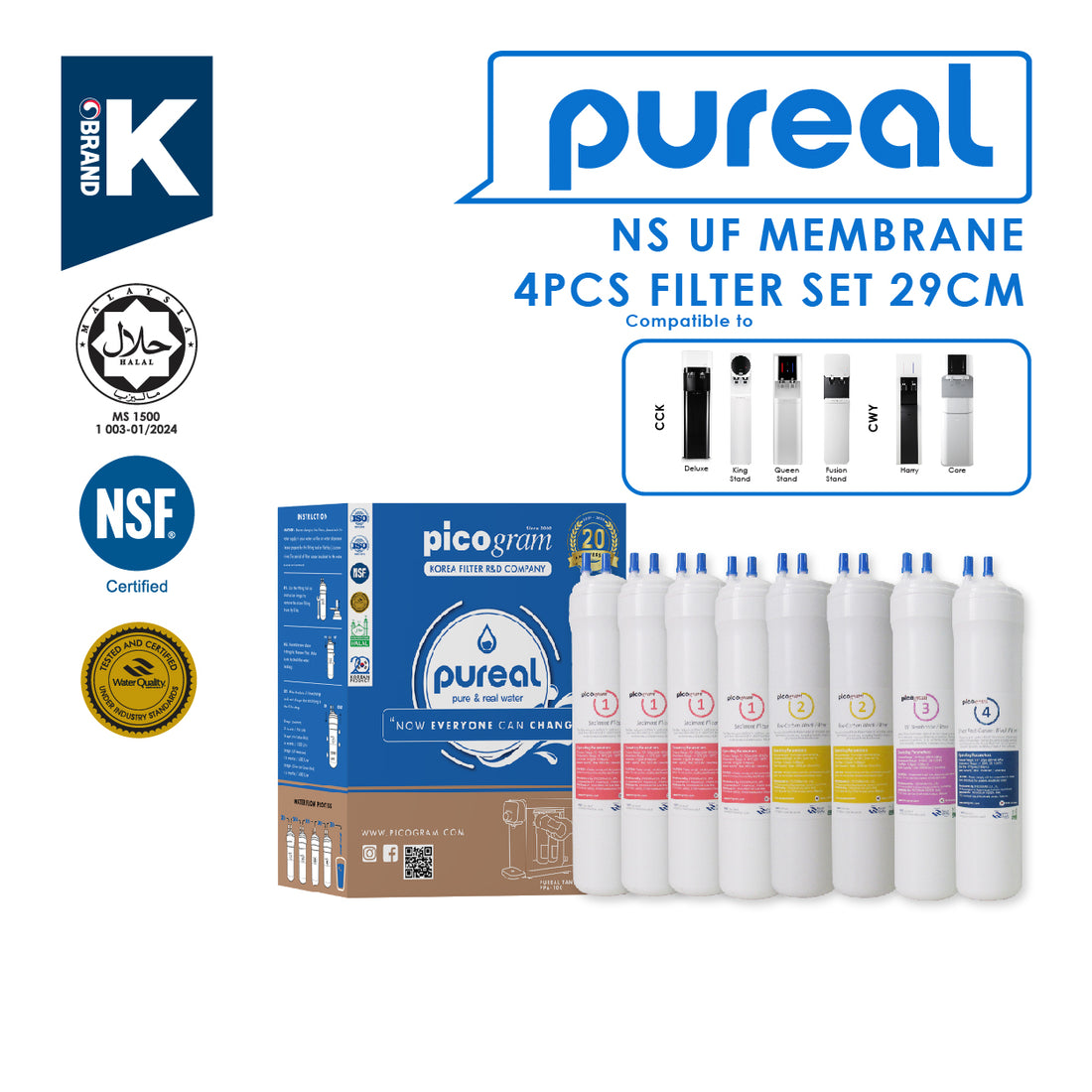 (JAKIM HALAL) Pureal Picogram 29cm NS UF Water Filter Cartridges 8pcs compatible to Cuckoo floor stand