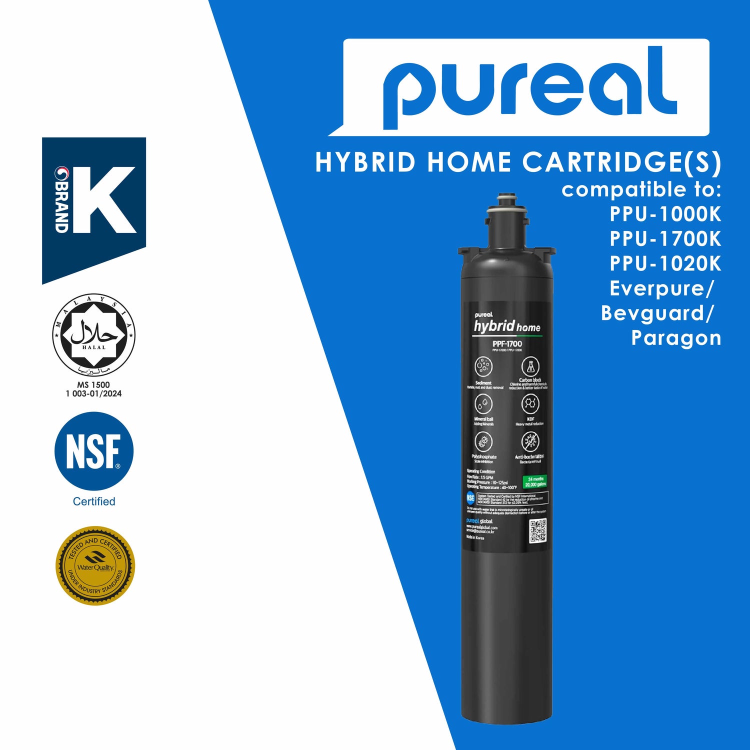 (Jakim HALAL) Pureal Hybrid Home PPU1700K Under Sink Water Filter 75,700 Litres, NSF 42 &amp; 372, Food Preparation