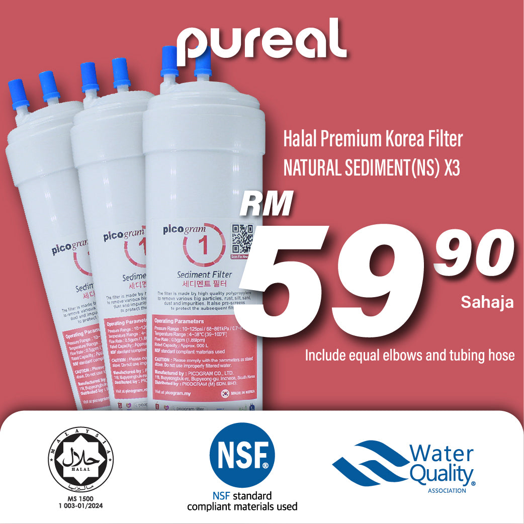 (JAKIM HALAL) Pureal Picogram 29cm Natural Sediment Water Filter Cartridge 3pc Set
