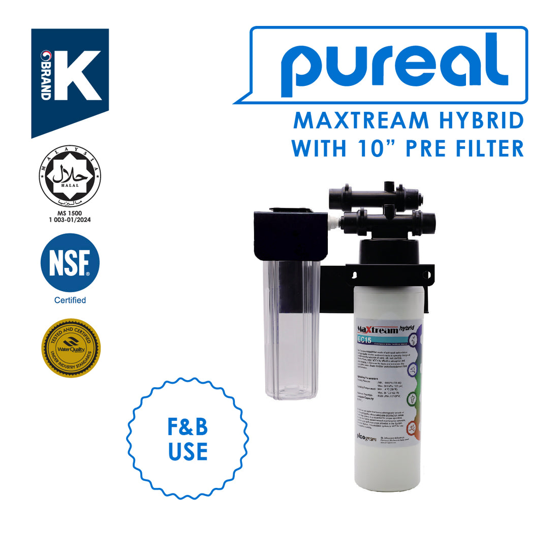 (JAKIM HALAL) Pureal Maxtream Hybrid Commercial  Water Purifier Filter Set with 10" Pre-Filter