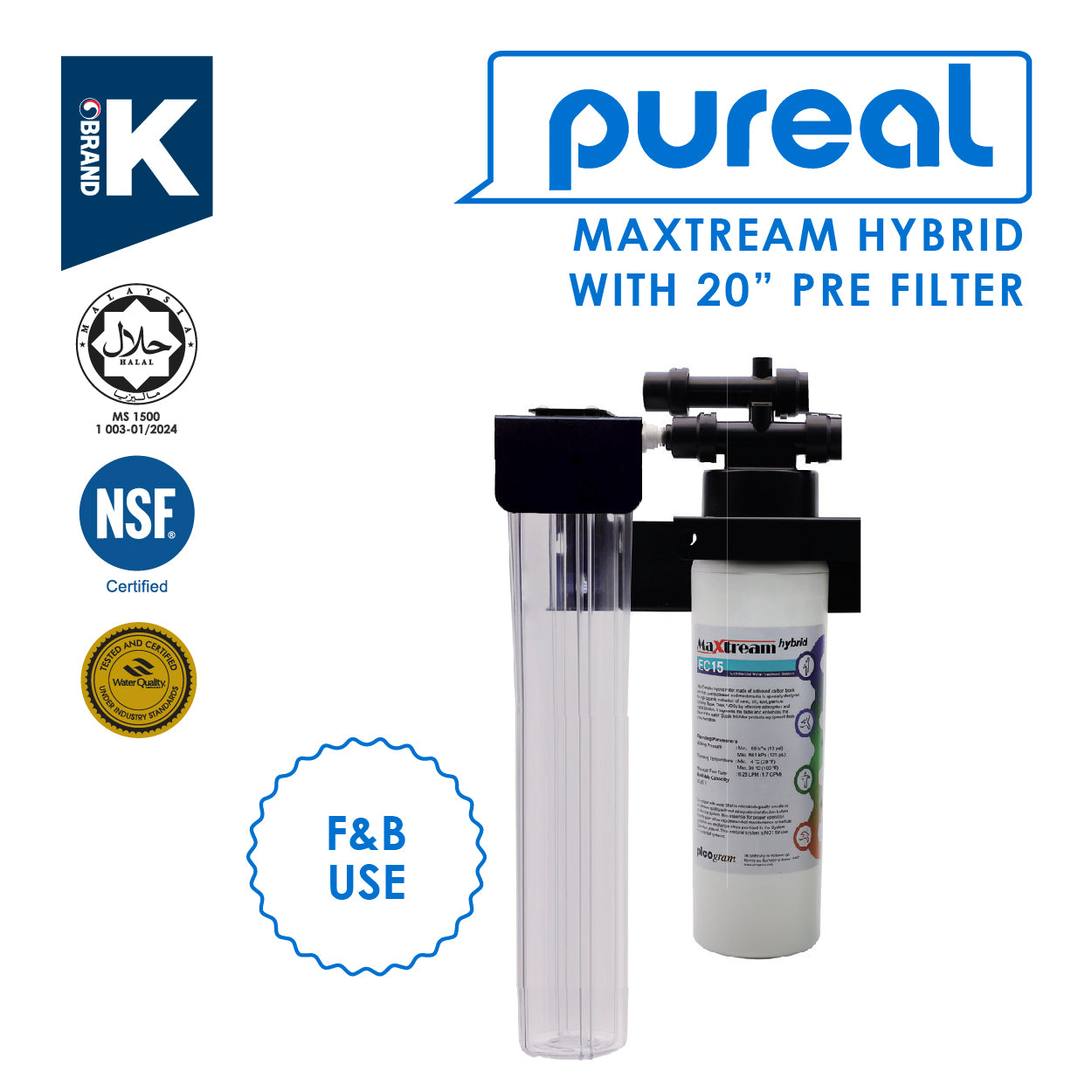(JAKIM HALAL) Pureal Maxtream Hybrid Commercial  Water Purifier Filter Set with 20" Pre-Filter