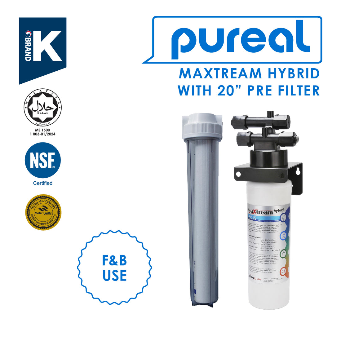 (JAKIM HALAL) Pureal Maxtream Hybrid Commercial Water Purifier Filter Set with 20" Pre-Filter