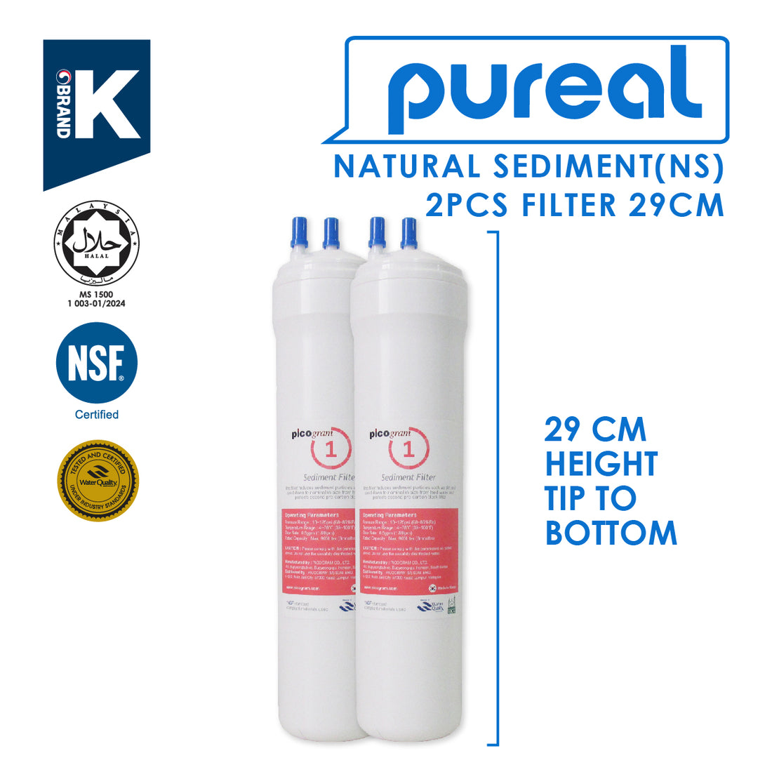 (JAKIM HALAL) Pureal Picogram 29cm Natural Sediment Water Filter Cartridge 3pc Set