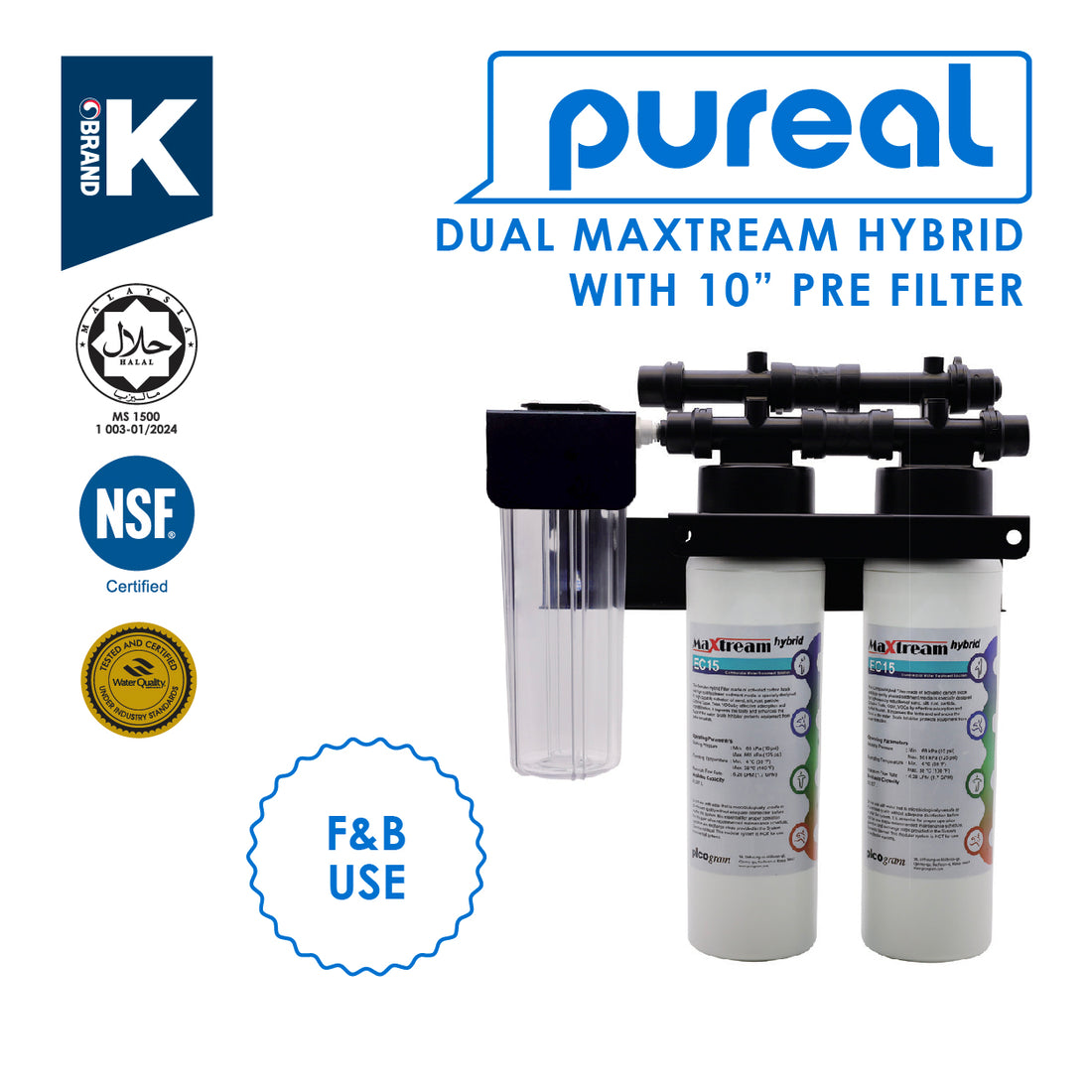 (JAKIM HALAL) Pureal 3-Stage Maxtream Hybrid Commercial Water Purifier Filter Set with PRE-FILTER