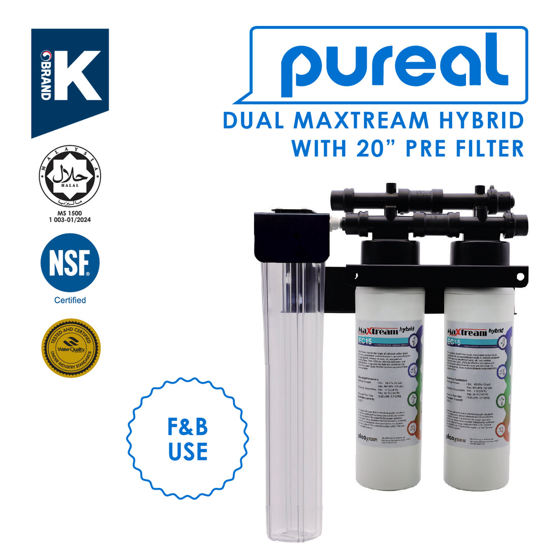 (JAKIM HALAL) Pureal 3-Stage Maxtream Hybrid Commercial Water Purifier Filter Set with 20&quot;PRE-FILTER