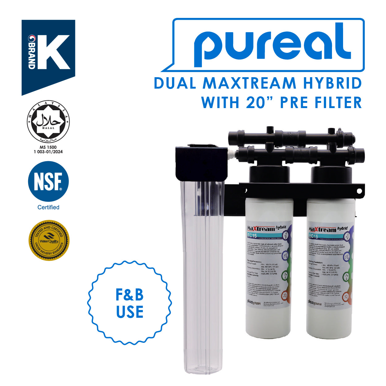 (JAKIM HALAL) Pureal 3-Stage Maxtream Hybrid Commercial Water Purifier Filter Set with 20&quot;PRE-FILTER