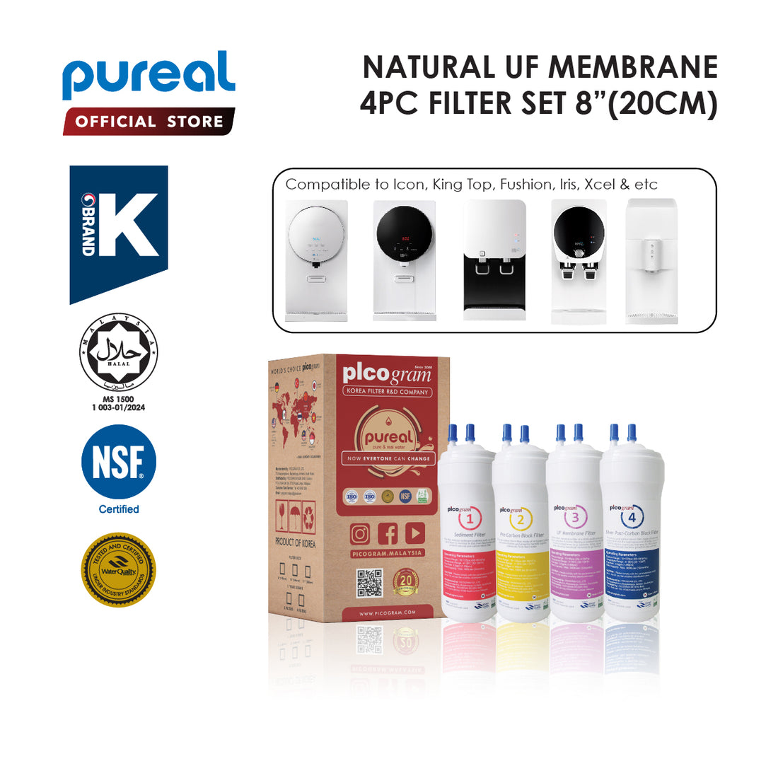 (JAKIM HALAL) Pureal Picogram NS UF/NANO EP/RO Water Filter Cartridges 4pcs Set [8&quot;inch | 20cm] compatible to coway/cuckoo