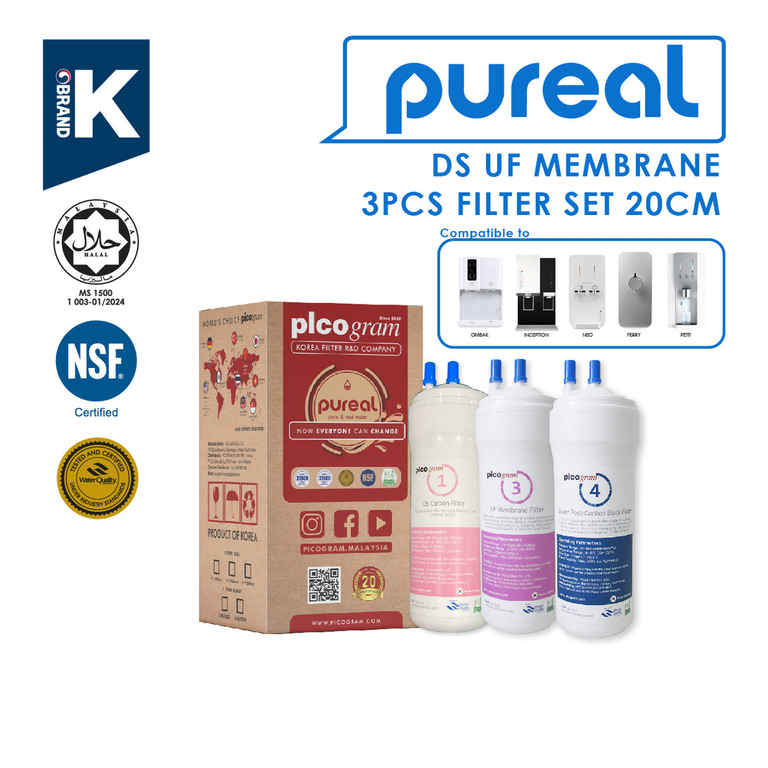 (JAKIM HALAL) Pureal Picogram 20cm DS UF Water Filter Cartridges 3pc compatible to coway/cuckoo