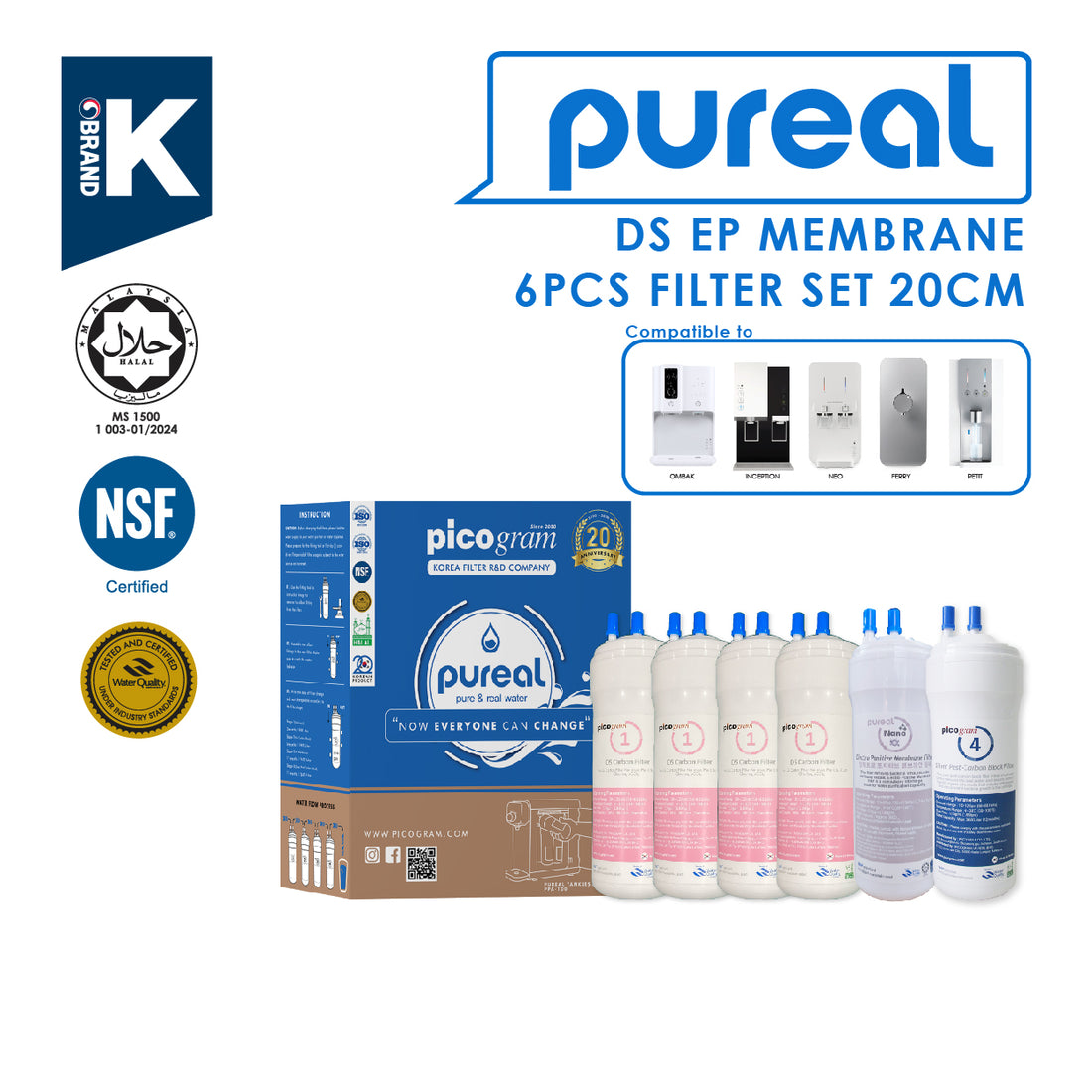 (JAKIM HALAL) Pureal Picogram 20cm DS UF/NANO EP Water Filter Cartridges 6pcs compatible to coway/cuckoo