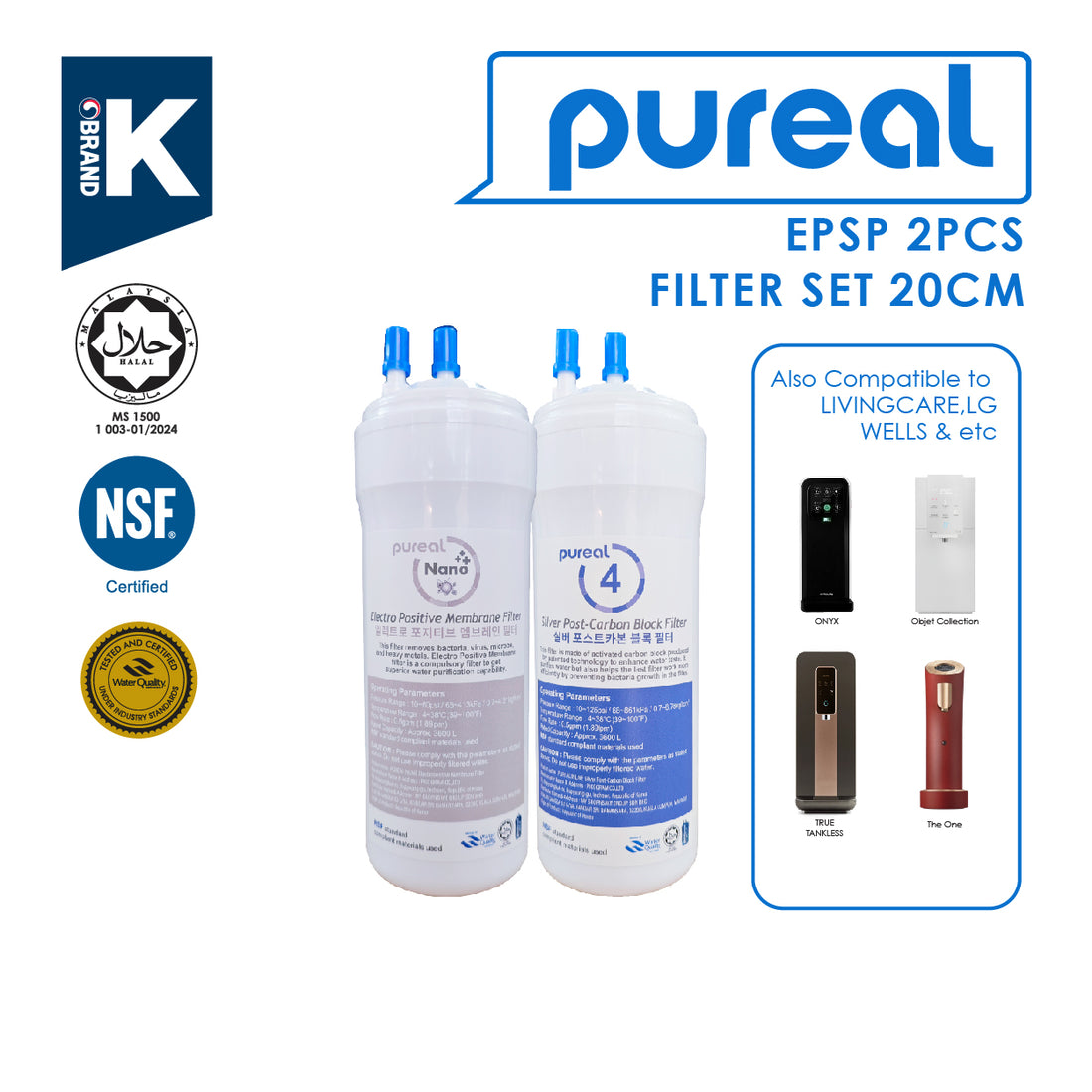 (JAKIM HALAL) Pureal Picogram 20cm NANO EP SP Water Filter Cartridges 2pc compatible to Well, ONYX