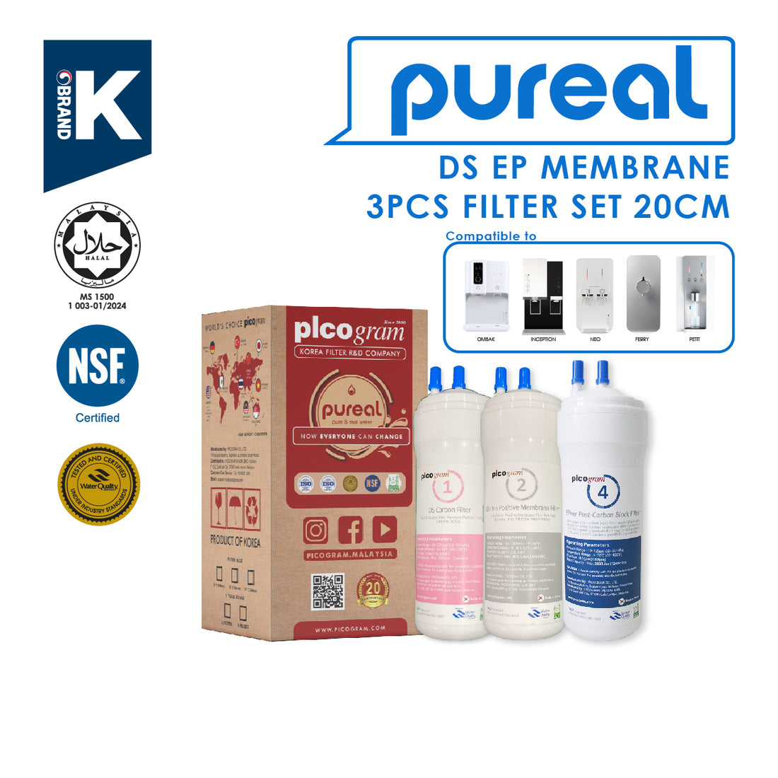 (JAKIM HALAL) Pureal Picogram 20cm DS NANO EP Water Filter Cartridges 3pc compatible to coway/cuckoo