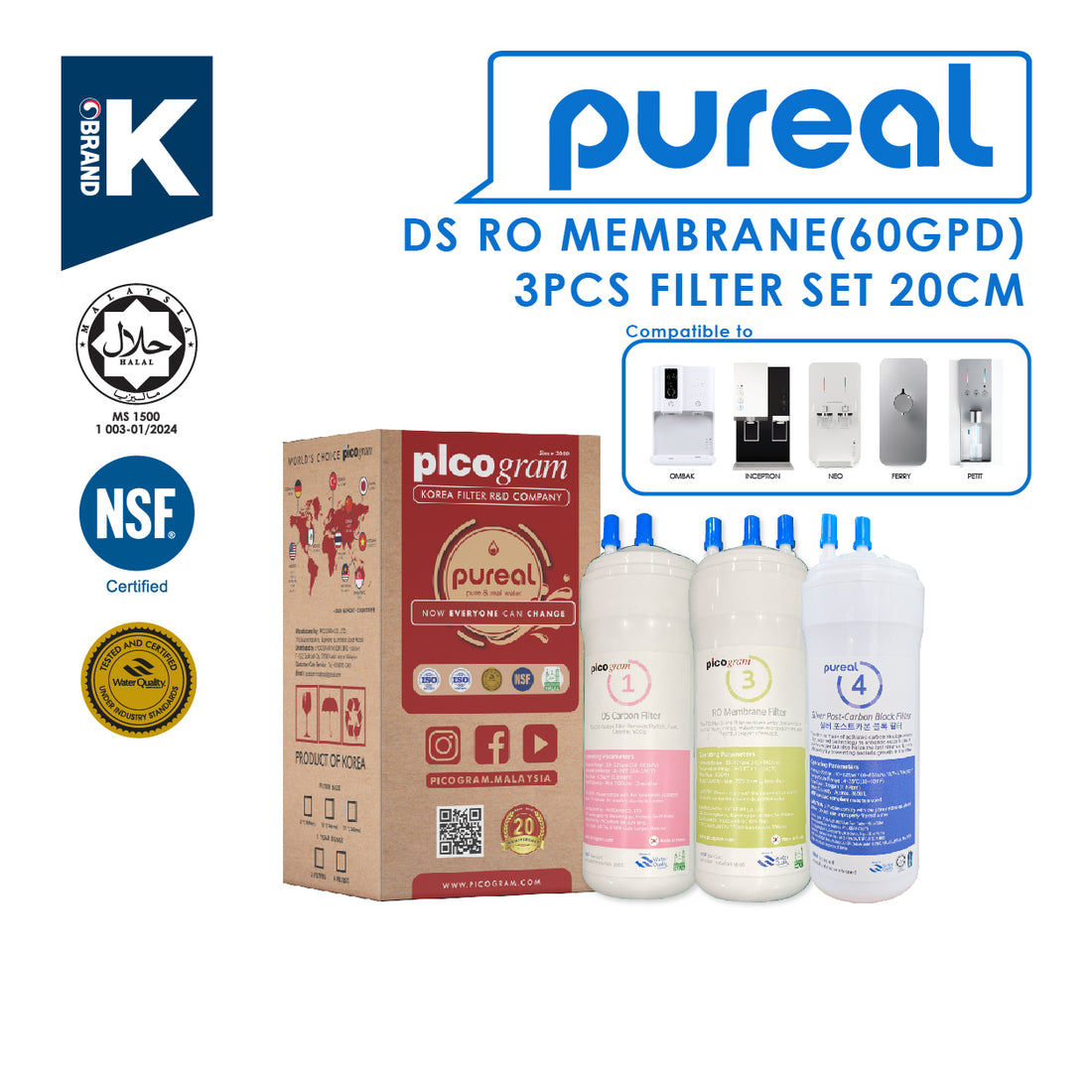 (JAKIM HALAL) Pureal Picogram 20cm DS RO(60GPD) Water Filter Cartridges 3pcs Set