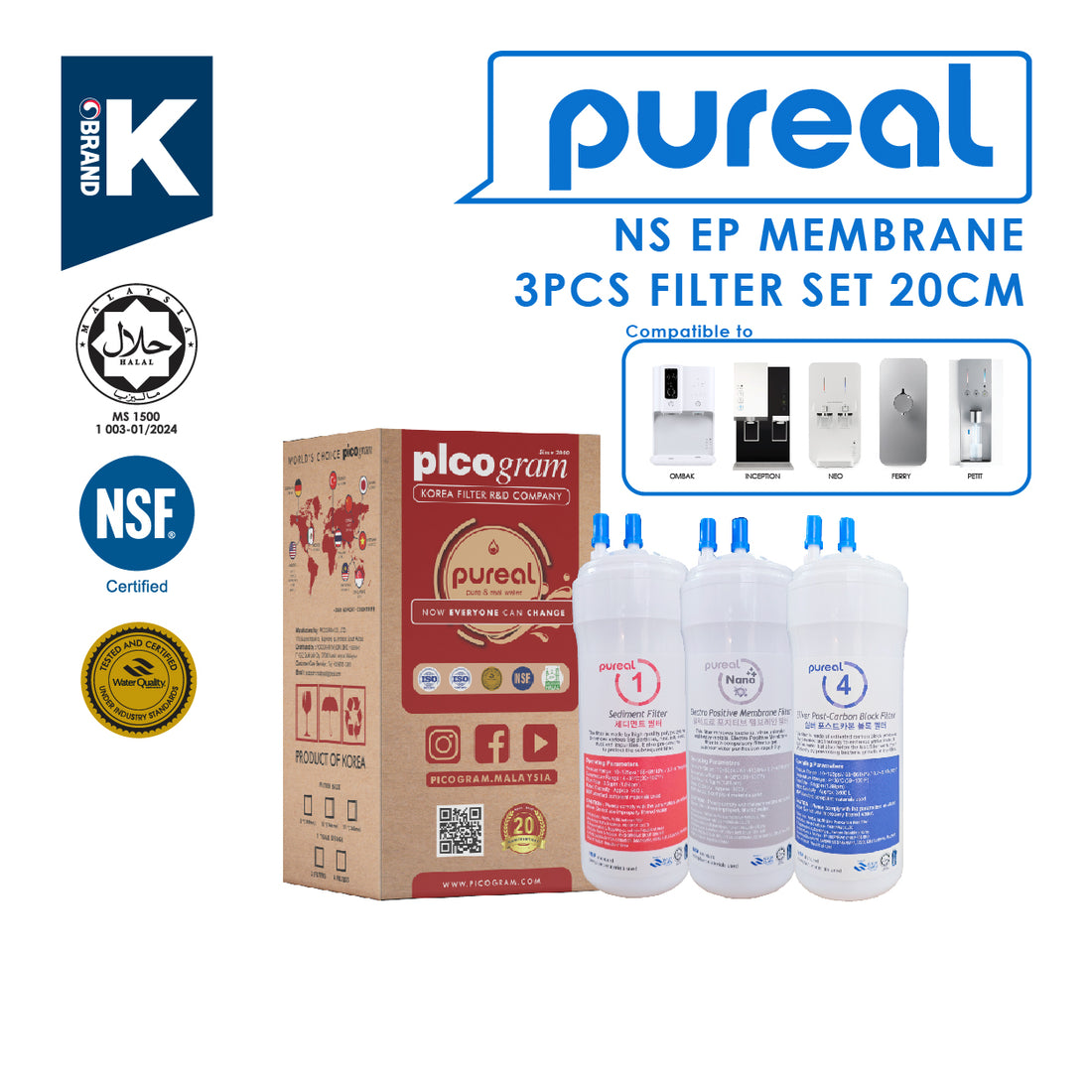 (JAKIM HALAL) Pureal Picogram 20cm NS NANO EP Water Filter Cartridges 3pc compatible to coway/cuckoo
