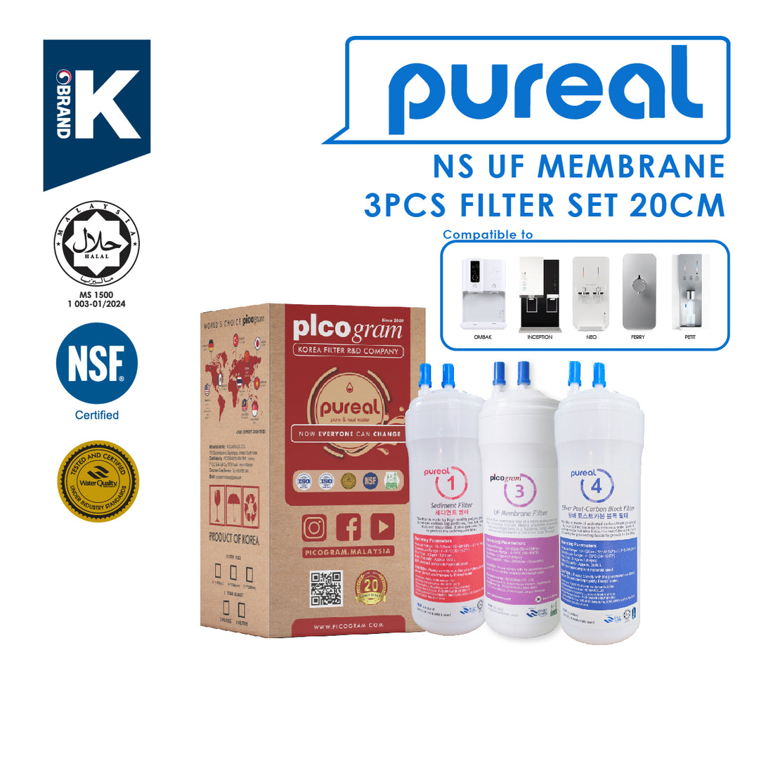 (JAKIM HALAL) Pureal Picogram 20cm NS UF Water Filter Cartridges 3pc compatible to coway/cuckoo