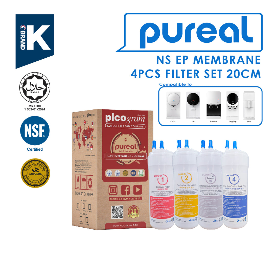 (JAKIM HALAL) Pureal Picogram 20cm NS NANO EP Water Filter Cartridges 4pc compatible to coway/cuckoo