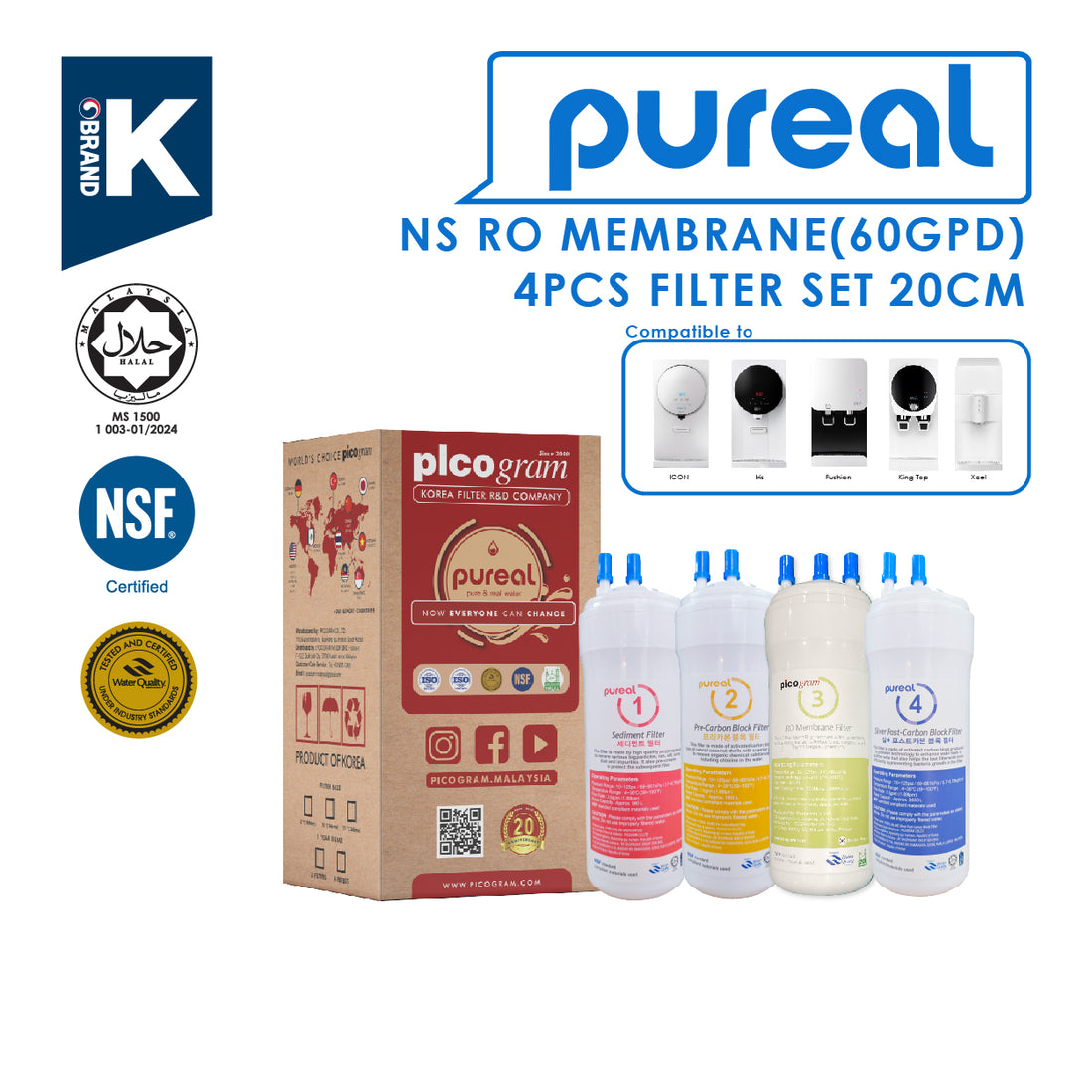 (JAKIM HALAL) Pureal Picogram 20cm NS RO(60GPD) Water Filter Cartridges 4pcs Set