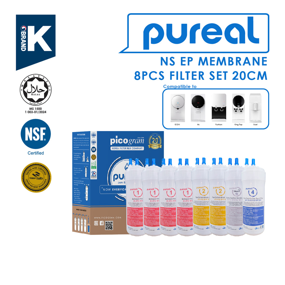 (JAKIM HALAL) Pureal Picogram 20cm NS NANO EP Water Filter Cartridges 8pcs compatible to coway/cuckoo