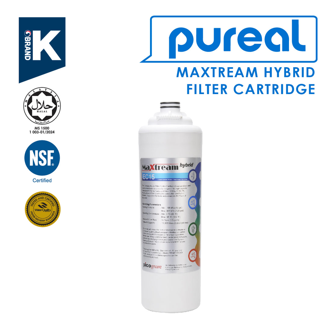 (JAKIM HALAL) Pureal Maxtream Hybrid Water Purifier Replacement Filter, Capacity 56,000+ Litre